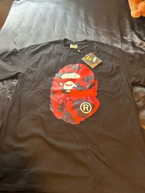 Bape Black Tee with Red Camo Ape Head Graphic